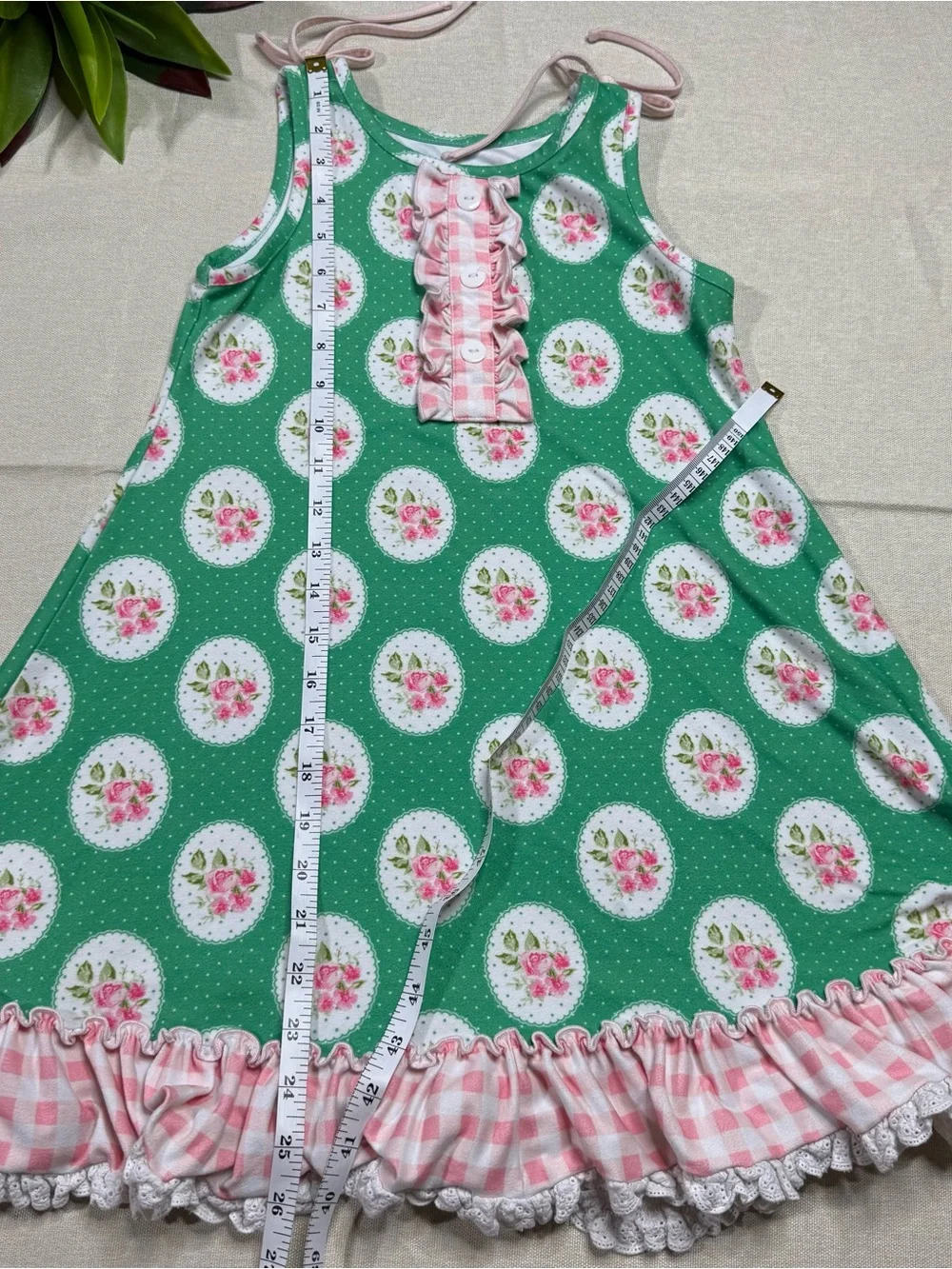 SweetHoney Green Floral Medallion Ruffle Dress Pink Gingham Girls 8Y